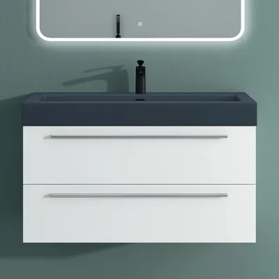 Produktbild von Mai & Mai Badmöbelset Komplett Set Waschbeckenunterschrank 100cm Unterschrank in matt weiß mit Waschschbecken aus Mineralguss Quadratto