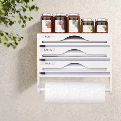 Produktbild von Aluminium-Folie-Organizer mit Schneidern und Küchenrollehalter, Wand-/Küchenlade-Organizer - Weiß