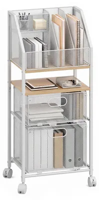 Image de Chariot de rangement métallique sur roulettes, avec 2 porte-stylos, 3 compartiments et 2 tiroirs, idéal pour le bureau