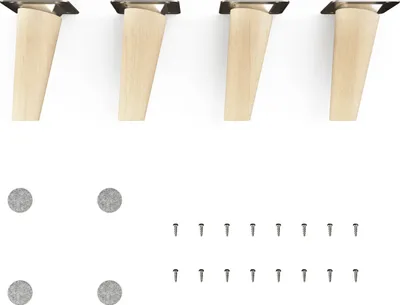 Four wooden furniture legs with metal mounting plates, along with felt pads and screws, are displayed against a white background.