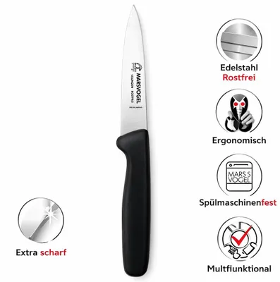 Produktbild von Marsvogel | Gemüsemesser | 1 Stück Schwarz | 9 cm gerade Klinge mittelspitz| Edelstahl rostfrei | PP Kunststoffgriff | handlich & präzise für Obst & Gemüse