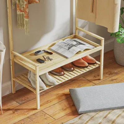 Produktbild von 73,5x34x171 cm Schuhbank Garderobenstaender Kleiderstaender mit Haken Bambus Natur