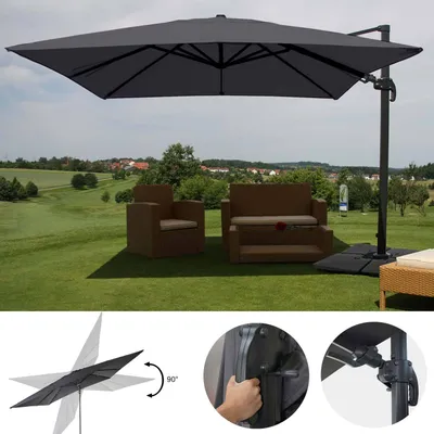 Produktbild von Gastronomický svetelný dáždnik HWC-A96, 3x4m (Ø5m) otočný, polyester/hliník 26kg ~ antracitový so stojanom, otočný