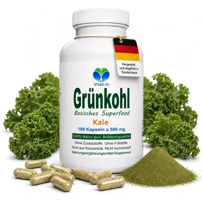 Produktbild von Grünkohl pur 180 Kapseln Vitalstoff Champion & Superfood - Sulforaphan Lutein Antioxidantien - Rohkostqualität. NATUR pur OHNE Zusatzstoffe.