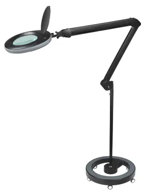 Obrázek produktu pro Lumeno 7213/15/18SW: Lupa s osvětlením / pracovní lampa. 60 LED diod, barevná gumová ochrana. Barva: černá, velikost: 3. Dodáváno s podstavcem na kolečkách