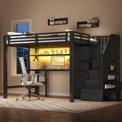 Produktbild von Metallhochbett mit Schreibtisch, Regal, Schrank und Treppe 140x200 cm, Schwarz