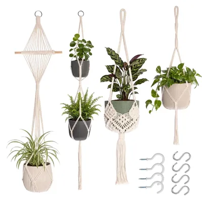 Productafbeelding van Macramé plantenhangers, set van 4, hangende bloempot voor binnen