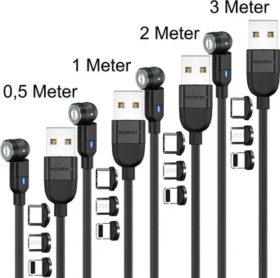 Obrázok produktu pre Magnetický nabíjací kábel sada 4 (0,5 metra+1 meter+2 metre+3 metre) SOONTEC magnetický nabíjací kábel otočný o 360°&180° s 3 zástrčkami Micro USB/ USB-C/ Lightning 3.0 A nabíjací kábel (čierny)