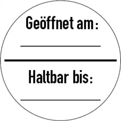 Produktbild von Prüfplakette, Geöffnet am: / Haltbar bis:, Ø 30 mm, Dokumentenfolie - Bogen =...
