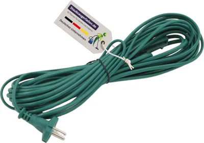 A green power cord is coiled and tied with a white string, with a tag attached.
