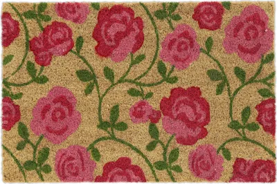 Immagine prodotto di Zerbino Relaxdays in cocco, motivo a rose, 40x60 cm, per interni ed esterni, antiscivolo, rosa/naturale