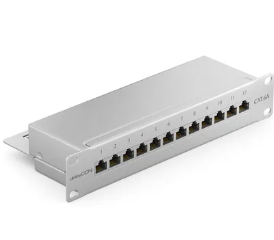 Produktbild von deleyCON CAT 6a Patchpanel Verteilerfeld 12 Port - Desktop 10" Zoll Rackeinbau Servermontage RJ45 Geschirmt - TIA568A TIA568B - Lichtgrau