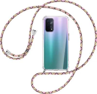 Produktbild von Handykette Backcover-Schutzhülle mit Band (Metall silberfarben) für Oppo A54 5G / A74 5G (CPH2197) - rosa Karo
