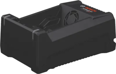 A black Bosch battery charger is shown from a three-quarter angle against a white background.