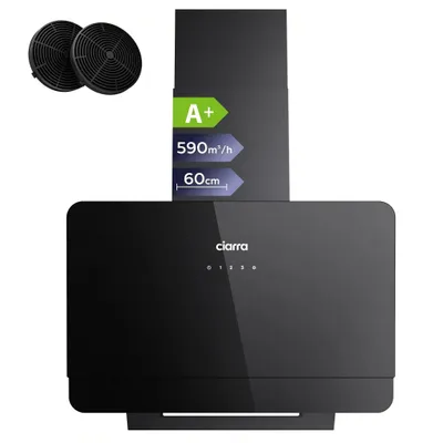 Obrázek produktu pro CIARRA, odsávací digestoř Kopffreihaube, 60 cm, energetická třída A+, výkon 590 m³/h, dotykové ovládání, možnost recirkulace i odvodu vzduchu, sklo, barva černá, model VM6765CB