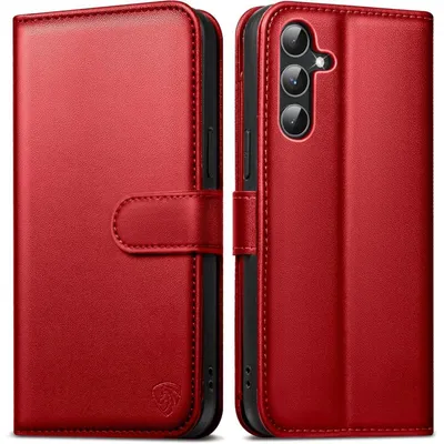 Image de Étui portefeuille en simili cuir, rabattable, pour Samsung Galaxy A54 5G, de couleur rouge, avec porte-cartes, fonction support et protection