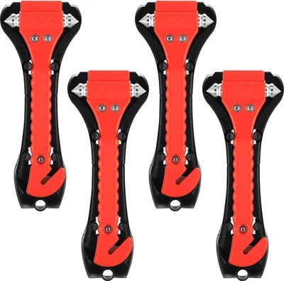 Four orange and black emergency hammers are arranged in a grid on a white background.