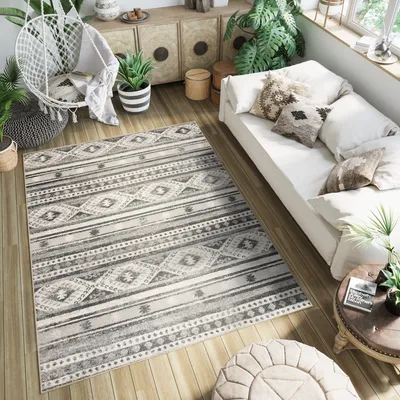 Immagine prodotto di Tappeto a pelo corto design moderno camera da letto soggiorno nero grigio boho ÖKOTEX 80 x 150 cm
