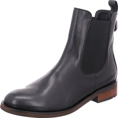 A single black Chelsea boot is shown against a white background.