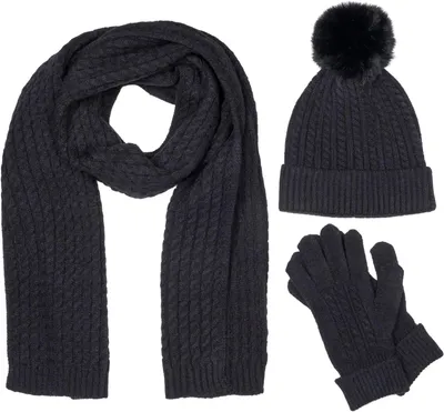Produktbild von styleBREAKER Damen Set 3-Teilig aus Schal, Bommelmütze und Handschuhe, Zopfmuster Strickschal Warm Winter Einfarbig 01018270