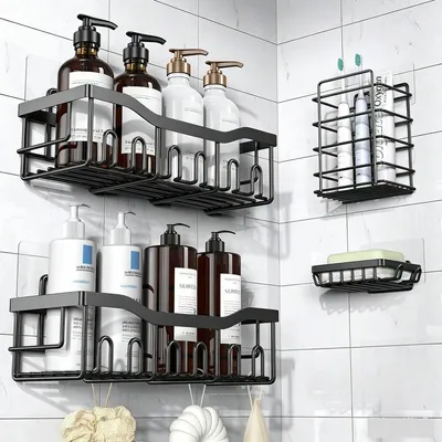 Immagine prodotto di Mensola per doccia senza forature – Mensola da parete in acciaio inossidabile, set da 5 pezzi per bagno e cucina – 4 pezzi