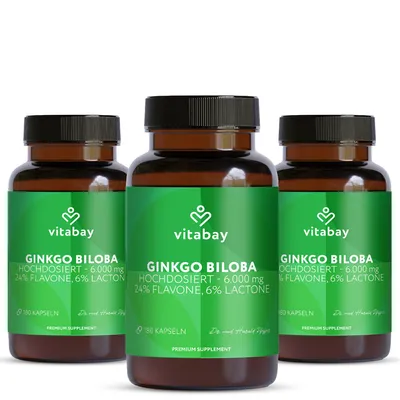 Produktbild von Vitabay Ginkgo Biloba 6000mg Hochdosiert - 540 Ginkgo Kapseln - 3er-Pack - Kapseln mit 24% Flavone & 6% Lactone - Hochdosiert und Vegan