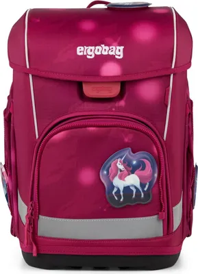 A pink Ergobag cubo light backpack with a unicorn design.