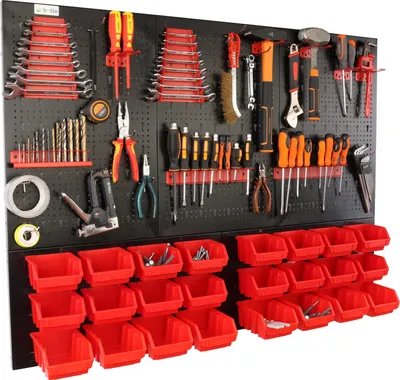 Produktbild von botle® Werkzeugwand Lochwand aus Metall, Stapelboxen + Wandregal + Werkzeughalter 51-tlg Set, Kleinteilelager,  Wandwerkstatt mit 24 stapelbaren Rot 2 Größen Behältern, Hängeregal Sortierregal