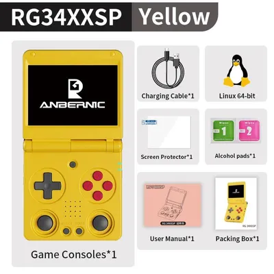 Obrázek produktu pro RG 34XXSP – Přenosná herní konzole s klapkou – 8,6 cm IPS displej – Operační systém Linux 64-bit – Baterie 3300 mAh – Wi-Fi 2,4/5 GHz – Žlutá barva