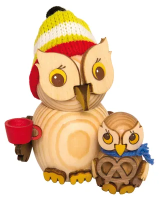 Produktbild von Drechslerei Kuhnert - Mini-Eulen aus Holz - Weihnachtsmarktbesuch - ca. 7 cm groß - als Dekoration oder Geschenk geeignet