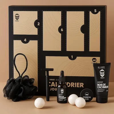Produktbild von 6-Tage-Adventskalender für Männer – Luxus-Pflegeset mit Duschgel, Rasierer, Parfüm & Badeaccessoires – Geschenkbox für Männer - Schwarz