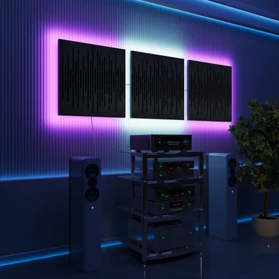 Obrázek produktu pro Sada 3 ks akustických LED panelů s RGB podsvícením pro Echo Control | Zvukově izolační panely s podsvícením | 3x WAVE – samostatně | Černá