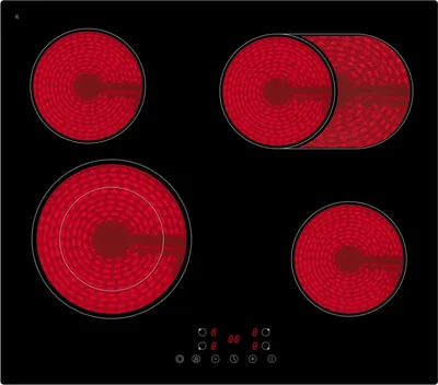 A top-down view of a black ceramic glass electric cooktop with four illuminated burners. The burners are a bright red, indicating they are on and hot. The cooktop has digital displays and control buttons at the bottom.