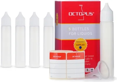 Produktbild von 5 Plastikflaschen 30 ml länglich aus LDPE, G18, Tropfeinsatz, Deckel weiß + 1 Minitrichter