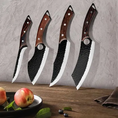 Produktbild von YARDIN 4 teilig Messer Set, Hochwertiges Küchenmesser Set aus Edelstahl, Vielseitiges Fleischmesser Set mit Holzgriff