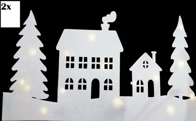 A silhouette of a winter village scene with two trees and two houses, illuminated by small LED lights.