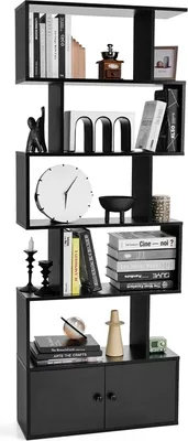 Produktbild von Bücherregal 5 Ebenen mit Schrank, Standregal freistehend aus Holz, Raumteiler Aktenregal mit Kippschutz, Aufbewahrungregal 70x23x183 cm, Holzregal für Wohnzimmer (Schwarz)