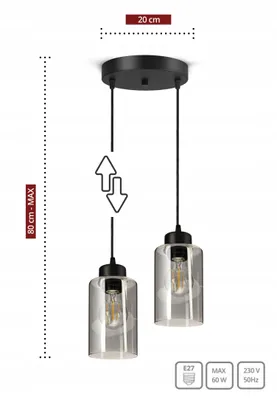 A product image of a black, two-bulb pendant light with glass shades, showing dimensions and technical specifications.