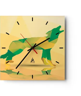 Produktbild von Wanduhr - Quadrat - Glasuhr - Wolf modern Grafik - 40x40cm - Schleichendes Uhrwerk - Lautlos - zum Aufhängen bereit - Dekoration Modern - Wanddekoration aus Glas - C3AC40x40-2809