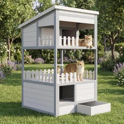 Produktbild von Merax Outdoor-Katzenhaus Mit 2 Etagen, Wetterfeste Winterfest Katzenhütte, Katzenhöhle Mit Terrasse & Sisalpfosten, Katzenheim aus Massivholz, Grau