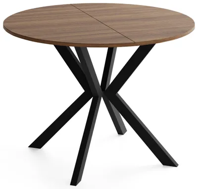 Produktbild von Runder Ausziehtisch Esstisch Ausziehbar mit Schwarzem Metallgestell – Valio, 90 cm Rund auf 130 cm Erweiterbar – Industrial-Loft-Design, Schwarze Metallbeine, Nussbaum Braun,  EU