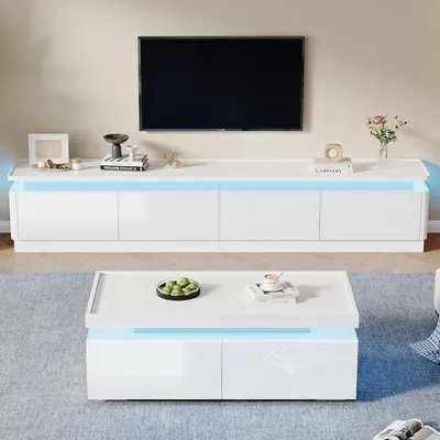 Productafbeelding van Combineertafel met TV-kast, 180 x 34 cm, spaanplaat, wit, met LED-verlichting, 4 lades, geschikt voor televisies tot 75 inch