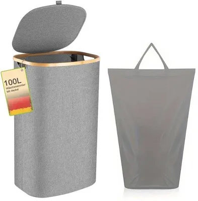 Image de Grand panier à linge hygiénique et dépliable, de couleur grise, avec un sac amovible et un couvercle en bambou