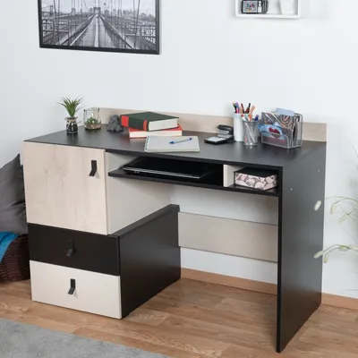 A desk with storage compartments in a room setting.