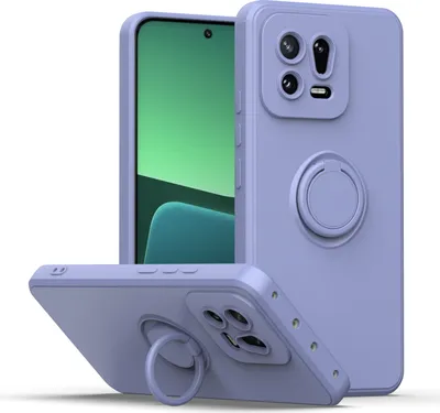 A purple phone case with a ring holder is shown from multiple angles against a white background.