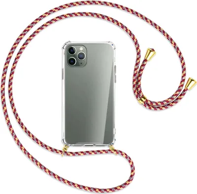 Produktbild von Handykette Backcover-Schutzhülle mit Band (Metall goldfarben) für Apple iPhone 11 Pro - weinrot/gelb/grau