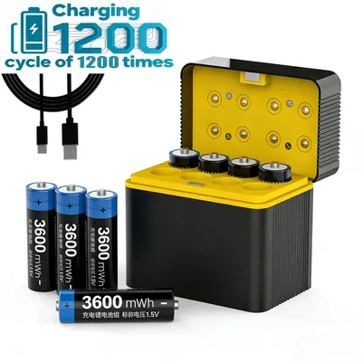 Image de Piles rechargeables AA au lithium, lot de 8 piles AA au lithium de 1,5 V avec chargeur, plus de 1 200 cycles et une capacité réelle élevée de 3 600 mAh. Piles rechargeables AA au lithium-ion