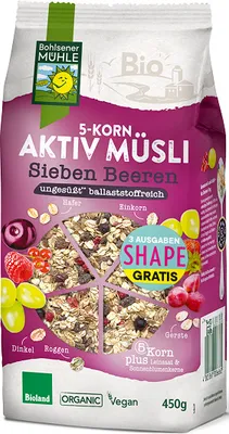 Zdjęcie produktu dla MUSLI 5 ZBOŻ Z OWOCAMI JAGODOWYMI BEZ DODATKU CUKRÓW450 g - BOHLSENER MUEHLE