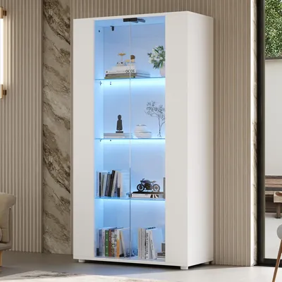Immagine prodotto di MODFU, vetrina in vetro con 2 ante, vetrina espositiva con LED e ripiani regolabili, mobile alto moderno, mobile contenitore per soggiorno, dimensioni 80x36x150,5 cm, colore bianco