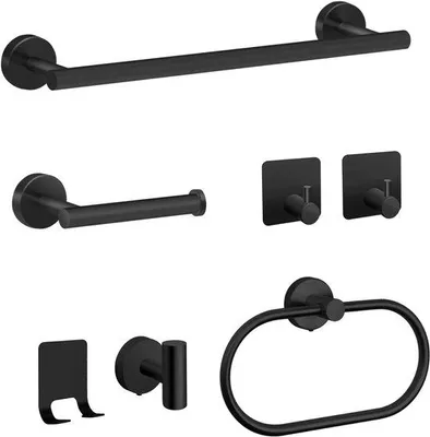 Immagine prodotto di Set da bagno da 7 pezzi, acciaio inossidabile, nero, 40 cm, portasciugamani, ganci